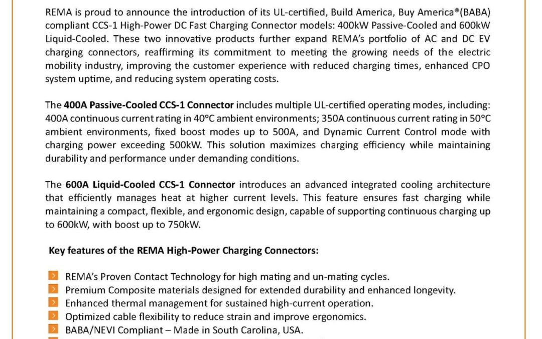 REMA Releases its 400A Passive-Cooled CCS Coupler and 600A Liquid-Cooled CCS Connectors for High-Power DC Fast Charging