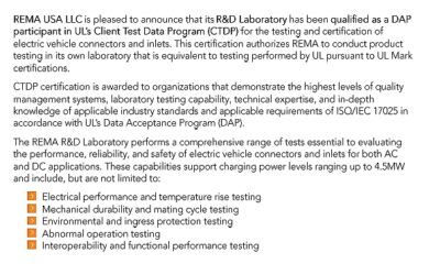 REMA USA LLC erhält die UL CTDP-Zertifizierung für die Prüfung von Steckverbindern und Inlets für Elektrofahrzeuge