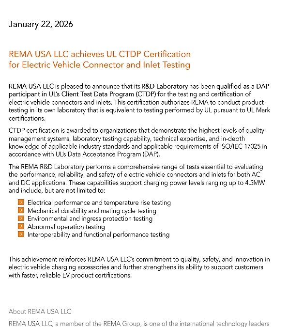 REMA USA LLC erhält die UL CTDP-Zertifizierung für die Prüfung von Steckverbindern und Inlets für Elektrofahrzeuge